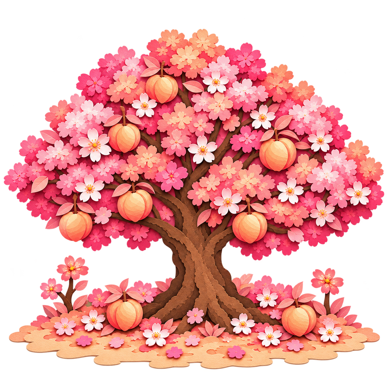 A layered paper-cut peach tree with pink and apricot flowers, peaches, and rose-colored leaves
